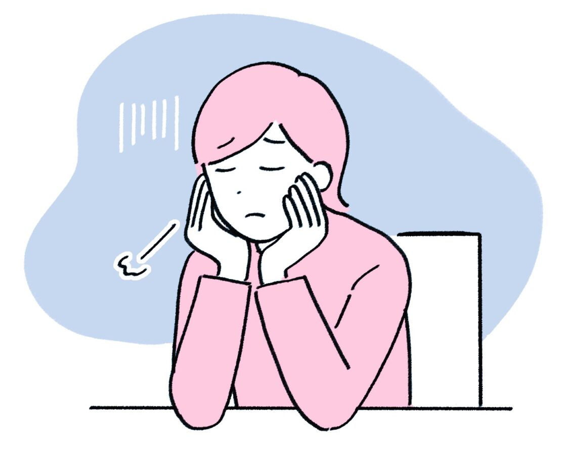 疲労感やストレスに悩む女性のイラスト。メンタル不調や職場のストレス課題を示唆。